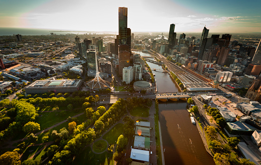 Aerial view of Melbourne Australia at sunset with landmarks
