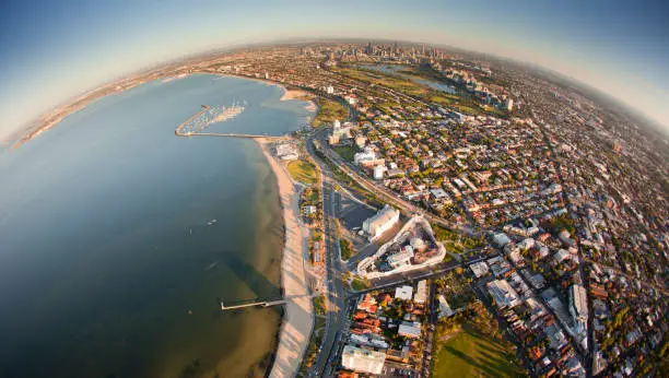 Aerial view of Melbourne Australia at sunset with landmarks