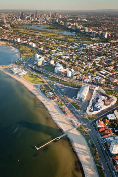 Aerial view of Melbourne Australia at sunset with landmarks