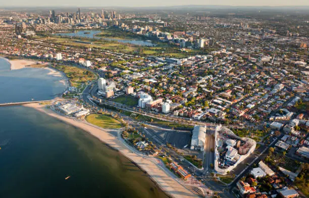 Aerial view of Melbourne Australia at sunset with landmarks