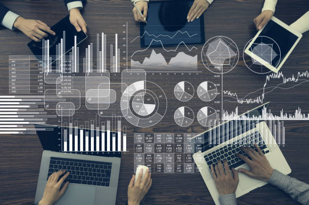 concepto de negocio información e infografía. - stock market analyzing computer finance fotografías e imágenes de stock