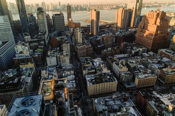 Aerial top view over Manhattan Downtown toward Midtown and Hudson River