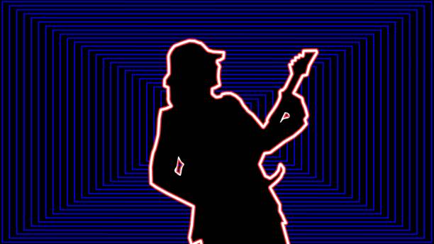 cool-gitarrist in der baseballkappe der elektrischen gitarre auf blauem hintergrund - greenscreen musician stock-grafiken, -clipart, -cartoons und -symbole