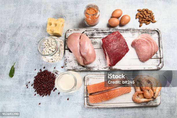 Food High In Protein Healthy Eating Concept Stock Photo - Download Image Now - Bean, Beef, Cheese