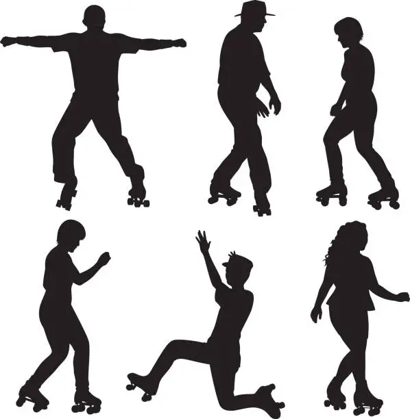 Vector illustration of People Roller Skating Silhouettes