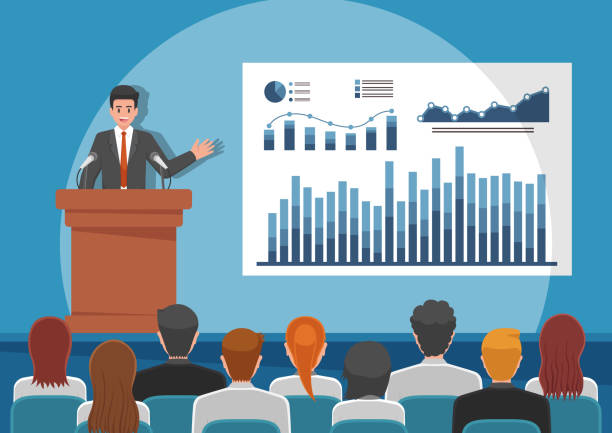 biznesmeni wygłaszający mowę lub prezentujący wykresy na tablicy - conference stock illustrations