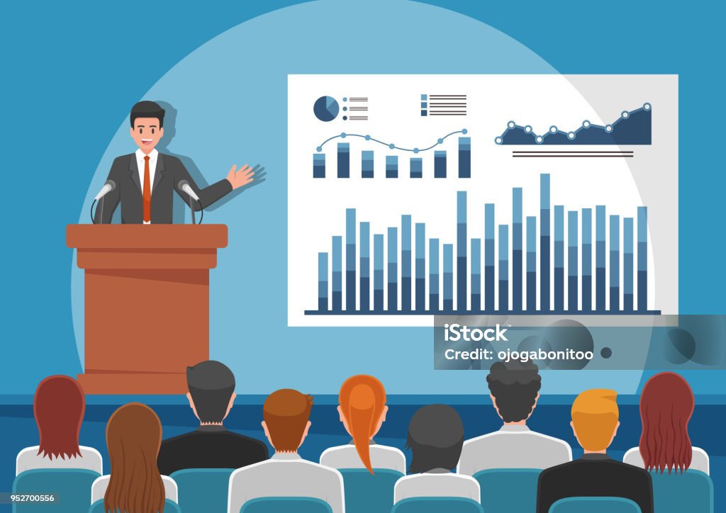 Businessmen giving speech or presenting charts on a whiteboard Businessmen giving speech or presenting charts on a whiteboard in meeting room. Business seminar and presentation concept. Meeting stock vector