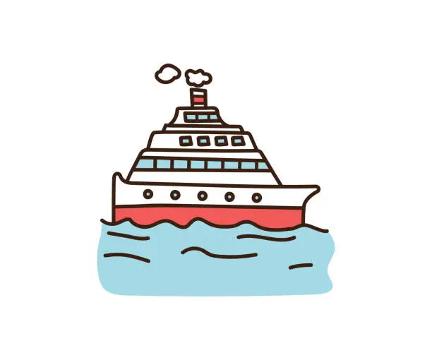 Vector illustration of Vector cruise doodle illustration. Hand drawn vacation boat. Outline retro cartoon style