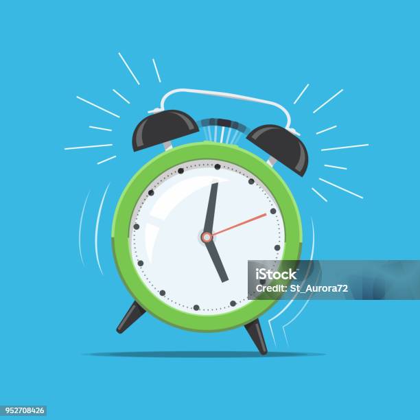 Cartoon Green Ringing Clock Alarm Concept For Wake Up Times Or Reminder Vector Illustration In Flat Style Stock Illustration - Download Image Now