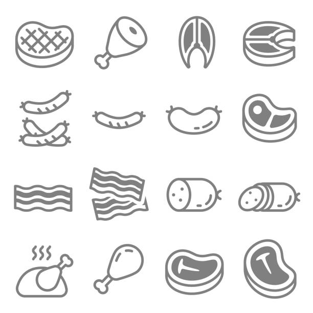 zestaw ikon linii steków mięsnych. zawarte ikony jak z grilla, podudzia, filet, salami, t-bone, kurczak, boczek, wołowina, wieprzowina i więcej. - meat steak sausage salami stock illustrations