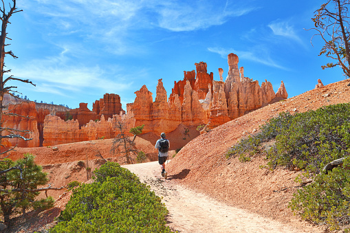 One young man hiking in Bryce Canyon National Park. Peekaboo trail loop.