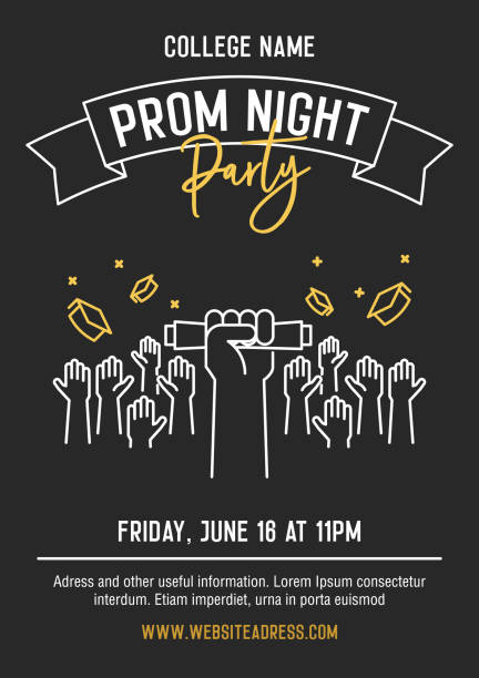 Prom Night party invitation card with hands raised throwing academic hats up and showing diplomas. Vector template design with thin line icons for highschool, college or university student event vector eps10 prom stock illustrations