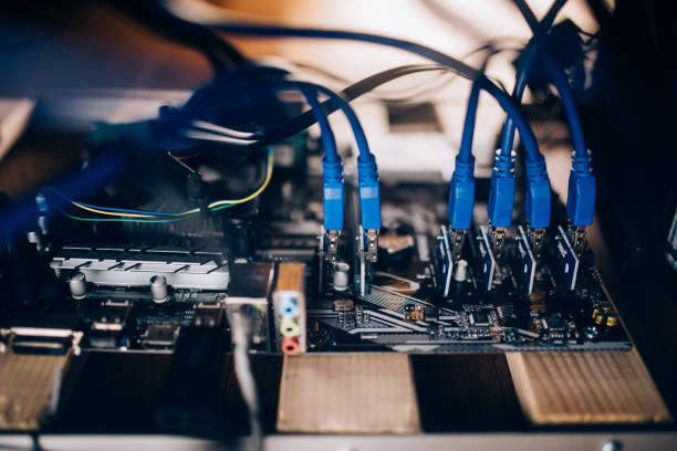 istock Details of modern mining rig. Graphics cards with power supply mining cryptocurrency like bitcoin 952715500