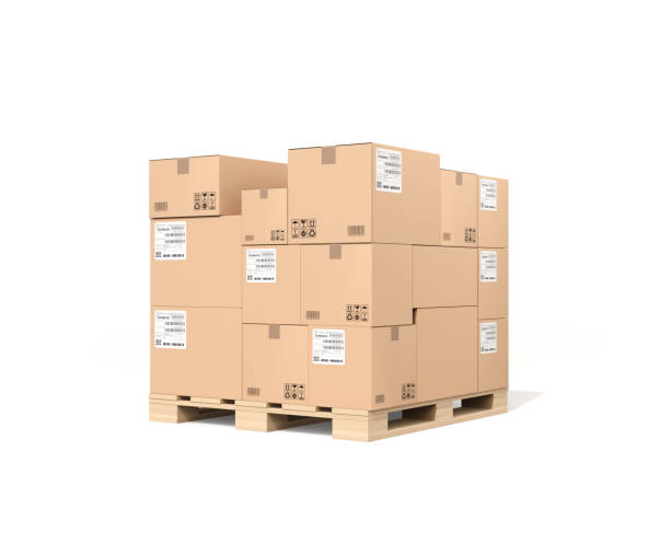istock Stack of brown cardboard boxes mock-up on pallet isolated on white background 952716300