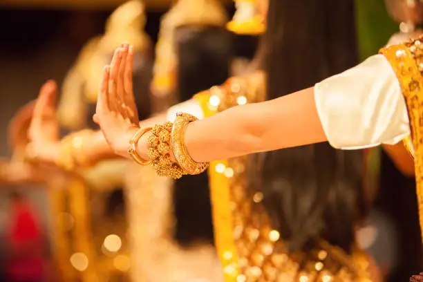 Photo of Beautiful hands of Apsara Khmer dance depicting the Ramayana epic. Phnom Phenh City, Cambodia.