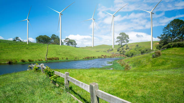 istock Wind turbines farm on a green grass hills. 952723036