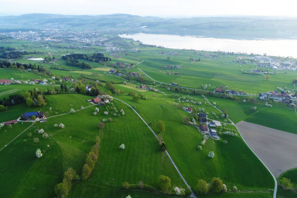 Swiss Midlands with lake Sempach and hilly Landscape in Central Switzerland stock photo