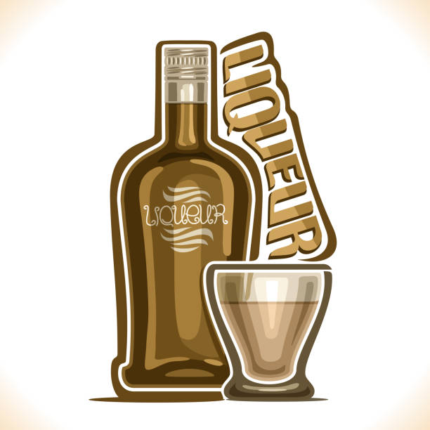 Vector illustration of alcohol drink Liqueur, poster with brown bottle of premium irish coffee sweet booze and full glass tumbler, original typeface for word liqueur, outline composition for bar menu.
