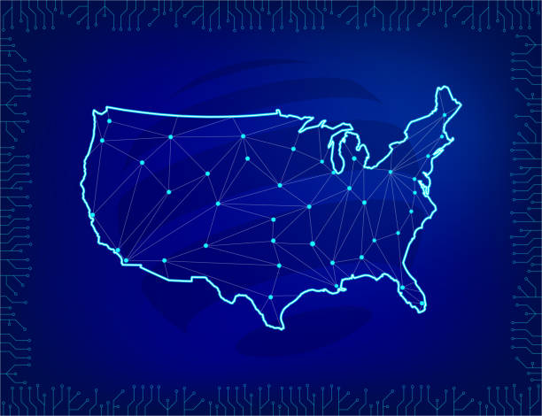 istock Global network connection. Map of America in polygonal style  and line composition concept of global business.  Elements of an integrated microcircuit on a dark blue background. Vector Illustration. 952724530
