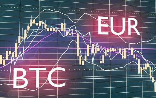 Candlestick pattern. Trading chart concept. Financial market chart. Currency pair. Acronym EUR - European Union currency. Acronym BTC - Bitcoin crypto currency. 3D rendering