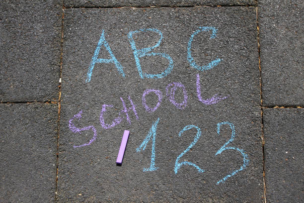 School, ABC letters and 123 sigh written with colored chalks on a pavement. Drawing Back to school on an asphalt. and vacation concept. Education concept. School and fun time.