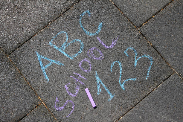 istock School, ABC letters and 123 sigh written with colored chalks on a pavement. Drawing Back to school on an asphalt. and vacation concept. Education concept. School and fun time. 952731118