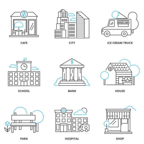 illustrazioni stock, clip art, cartoni animati e icone di tendenza di edifici, set di icone vettoriali della città, stile del contorno - 4753