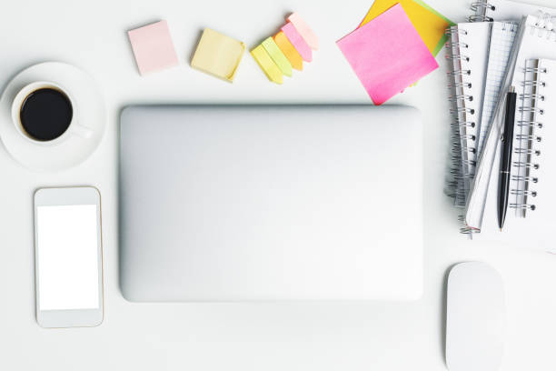istock Creative desk top with devices and supplies 952742746