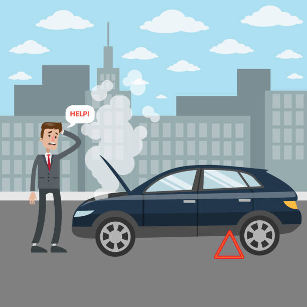 Man with broken car's engine. Man with broken car's engine asking for help on the road. broken car stock illustrations