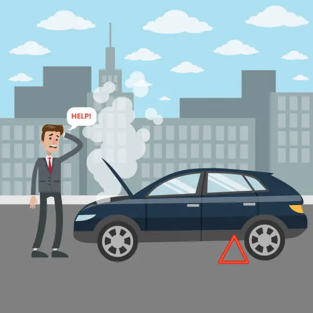 Vector illustration of Man with broken car's engine.