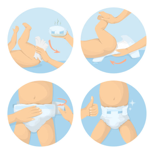 Changing diapers steps illustration. Changing diapers steps illustration. Newborn baby with dirty diaper. Young parents. parent guide stock illustrations