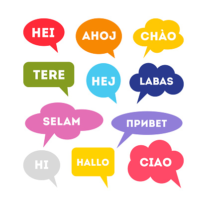 Hello in different languages. Colorful speech bubbles with hello word.