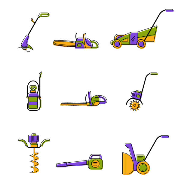 Badges of gardening power tools isolated on white. Technique for garden and lawn care