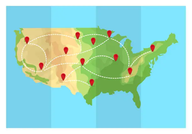 Vector illustration of Folded travel map United States of America with point markers. Vector illustration in flat style. EPS10.