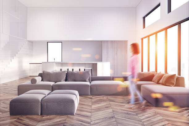 istock White living room and kitchen, wood toned 952754272