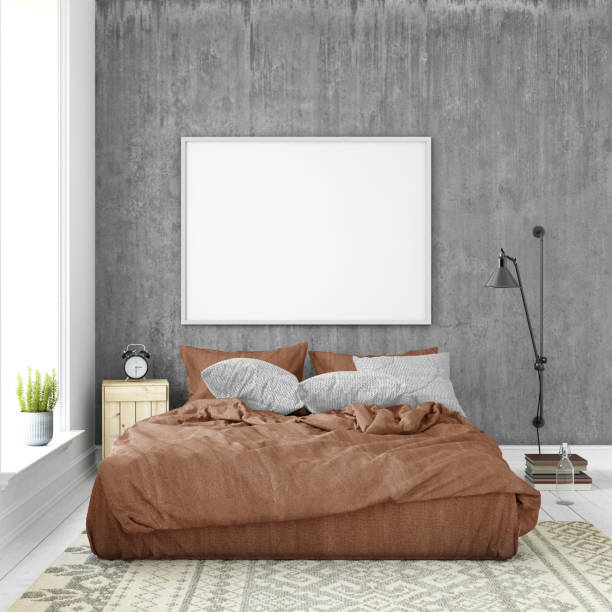 istock Bedroom interior with pastel colored bed and picture frame template 952755422