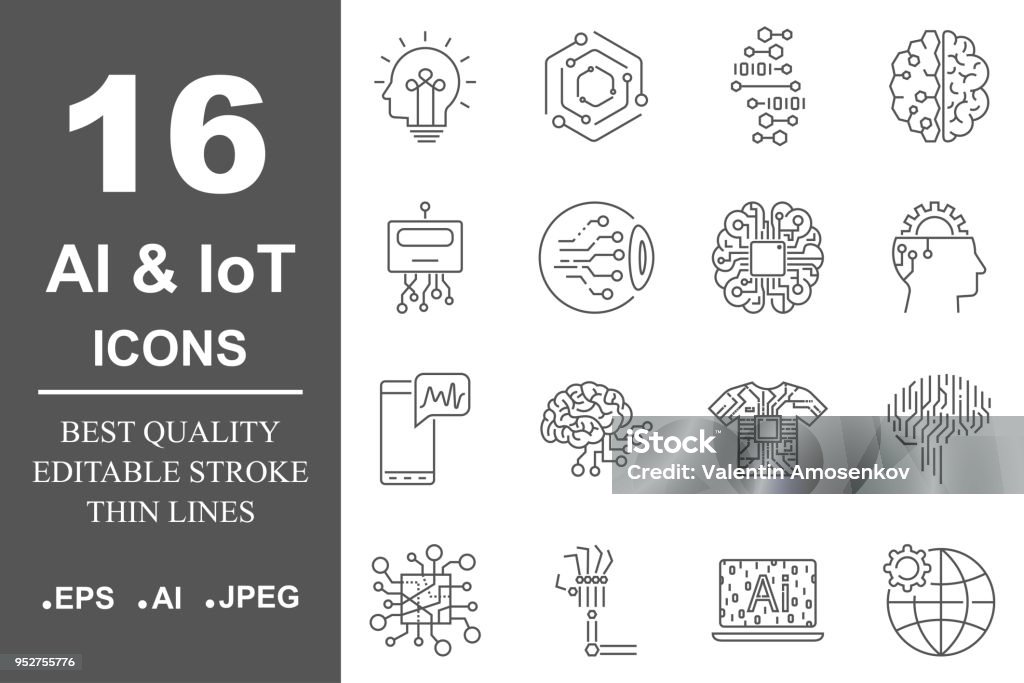 Simple set of artificial intelligence related line icons contains such icons as droid, eye, chip, brain. Editable Stroke Simple set of artificial intelligence related line icons contains such icons as droid, eye, chip, brain. Editable Stroke. EPS 10 Innovation stock vector