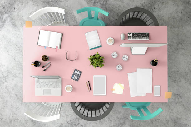 istock Knolling top view of a team office table 952757928