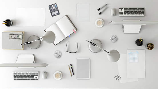 Top knolling view of an office desk. business template. teamwork scene, with laptop, papers, notebook, tablet etc. creative mess designer background. mock up template. render