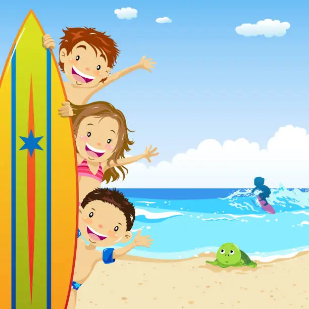 Vector illustration of Kids Hiding Behind Surfboard