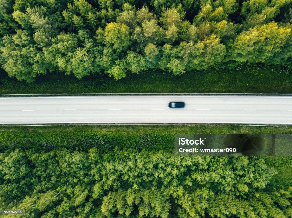 Aerial view of green summer forest with a road. Aerial view of green summer forest with a road. Captured from above with a drone Road Stock Photo