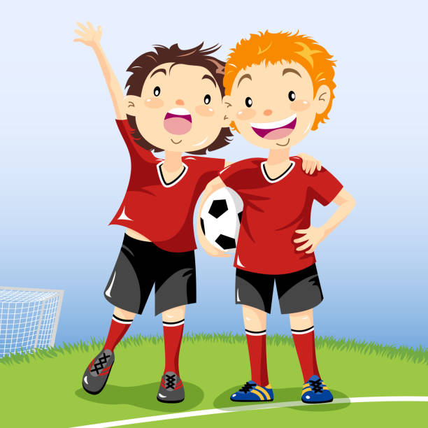 футбольные друзья - playing field kids soccer goalie soccer player stock illustrations