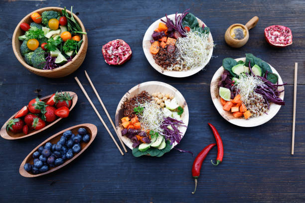 istock Buddha Bowls on dark blue wooden table 952766974