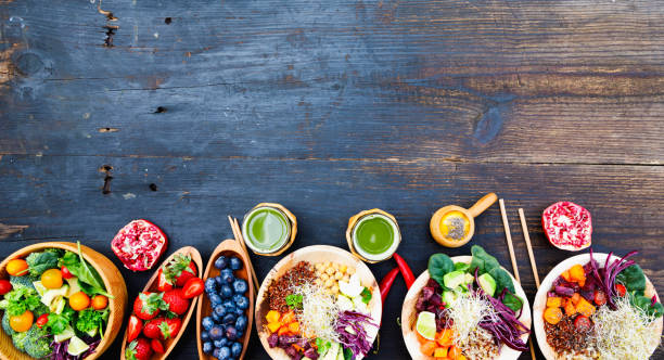 istock Buddha Bowls on dark blue wooden table 952766988
