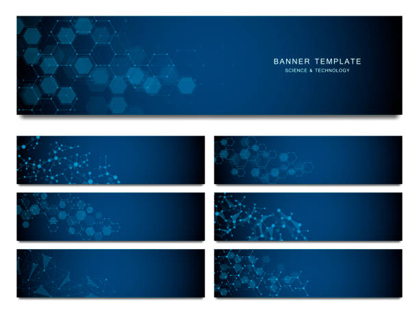 große reihe von bannern, wissenschaft und technologie. molekulare und chemische struktur - banner hexagon backgrounds technology stock-grafiken, -clipart, -cartoons und -symbole