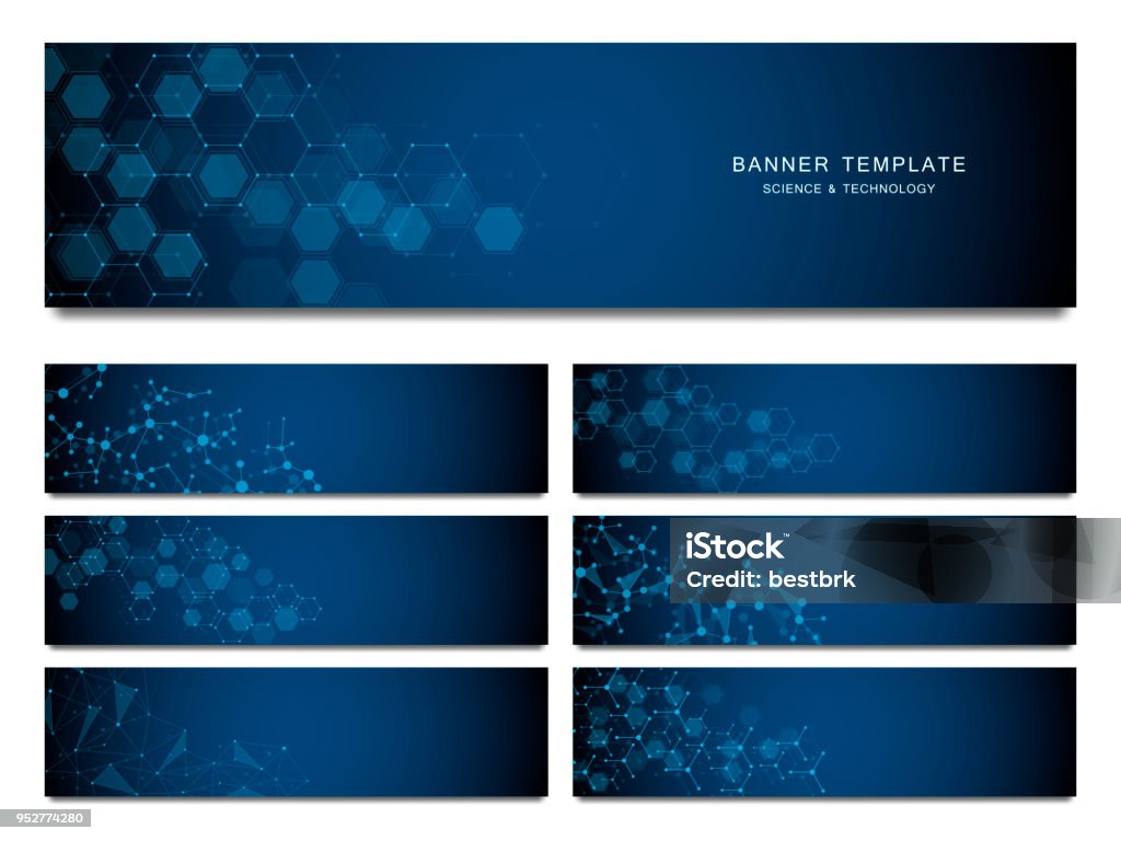 Big set of science and technology banners. Molecular and chemical structure Backgrounds stock vector