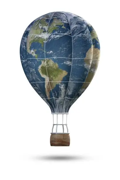 Photo of globe hot air balloon isolate on white background,3d render.Elements of this image furnished by NASA