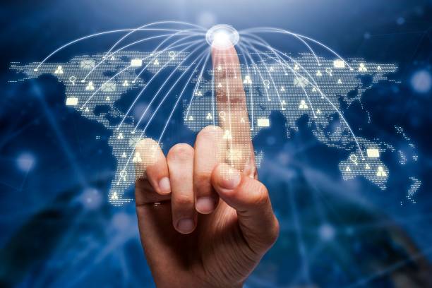 istock Social Media Optimization concept with hand pressing social icons on world map 952777156