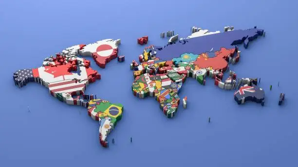 Photo of World map with all states and their flags,3d render