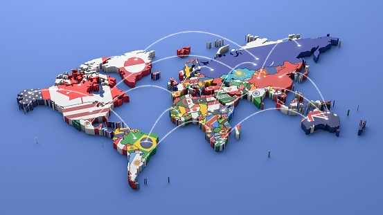 Mapa mundial con todos los Estados y sus banderas, render 3d photo